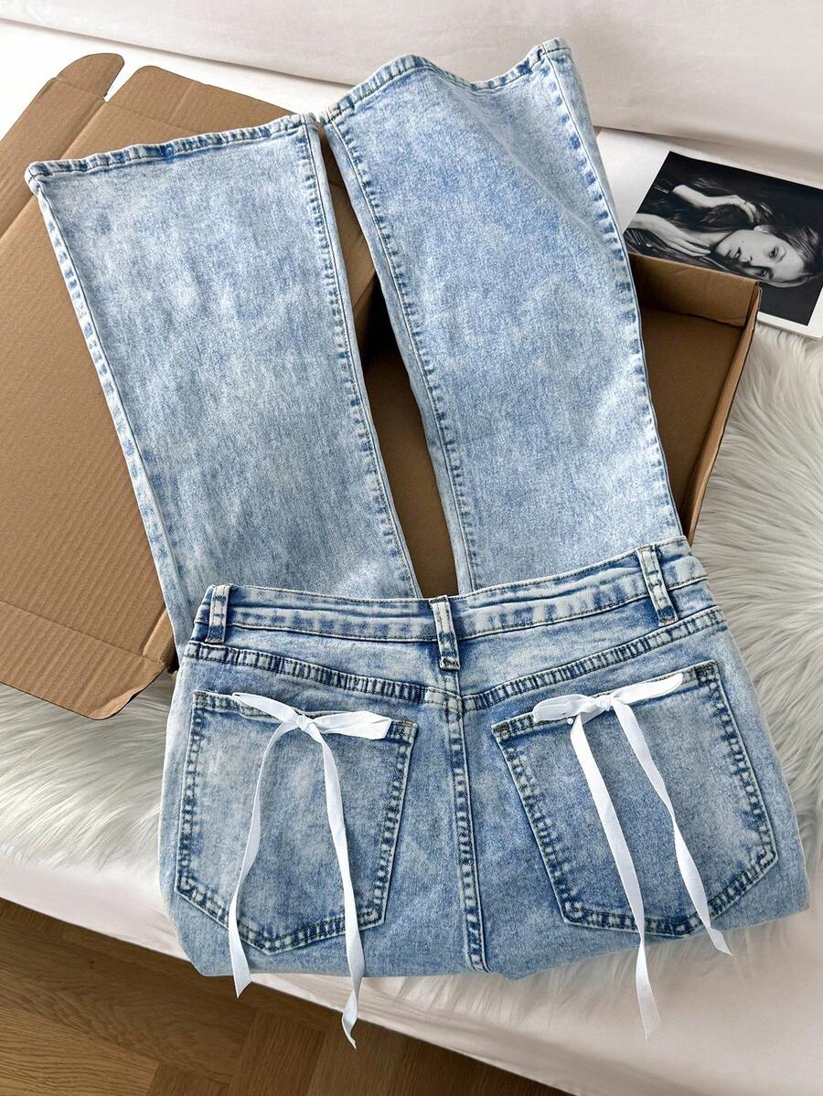 Comfortcana EZwear 女式性感修身弹力蝴蝶结装饰蓝色高腰喇叭牛仔裤 - 藍色 - 查看 1
