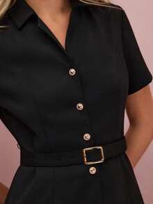 Enchnt Damen elegantes schwarzes Hemdkleid mit kurzen Ärmeln, Knopfleiste und plissiertem Saum - Schwarz - Übersicht 2