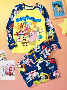 SpongeBob SquarePants | SHEIN 2 件套青少年男孩卡通图案圆领插肩袖长袖 T 恤和宽松针织裤睡衣套装 - 藏蓝色 - 查看 1