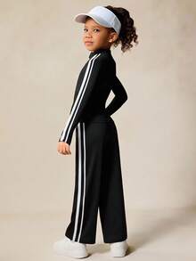 Sparklyn 四向弹力高弹力年轻女孩黑色罗纹拼接长袖夹克和紧身直筒裤套装，修身瑜伽健身休闲户外运动套装 - 黑色 - 查看 2