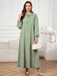 Al Najma Vestido largo de estilo árabe con cordones, rayas, textura y decoración de botones para mujeres - Verde - Ver 2