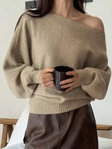 DAZY Loose Batwing Sleeve Sweater Fall/Winter School - Khaki - View 2