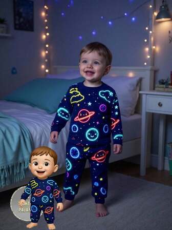 SHEIN Perso Play 2 Piece Sets Snug Fit Night Wear Kids  Infant/Toddler Boys' Apricot Minimalist Full Print Basketball Hoop Sports Pattern Long Sleeve Top And Leggings Pajama Set .This Product Requires UV Light Exposure To Glow.