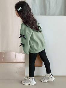 Dazy Kids 2pcs/Set Young Girls Round Neck Knit Bow Print Outfit - Green - View 3