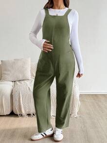 孕妇纯色宽松休闲连体裤，带口袋 - 軍綠色 - 查看 6