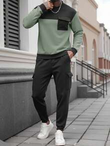 Manfinity Homme Conjunto de sudadera y pantalón de chándal con parches de color contrastante para hombre, ropa de otoño - Multicolor - Ver 3