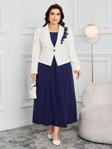 Modelyn 大码女式秋季贴花装饰泡泡袖夹克和吊带裙优雅套装 - 彩色 - 查看 8