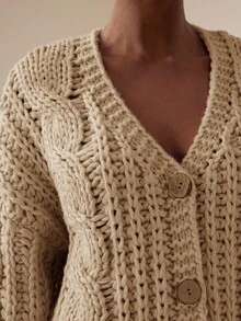 Vesra Women's Casual Elegant V-Neck Dropped Shoulder Loose Chunky Cable Knit Cardigan Fall Winter Cloth For Women - Khaki - View 3