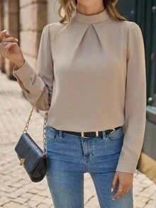 EMERY ROSE Áo sơ mi nữ Cắt ra Uốn nếp màu trơn Thanh lịch - Màu be - Xem 5