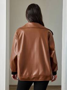 EURMUSE Veste décontractée ample à manches longues en PU avec fermeture éclair pour femmes, printemps et automne, plus hiver - Rouge foncé - Voir 2