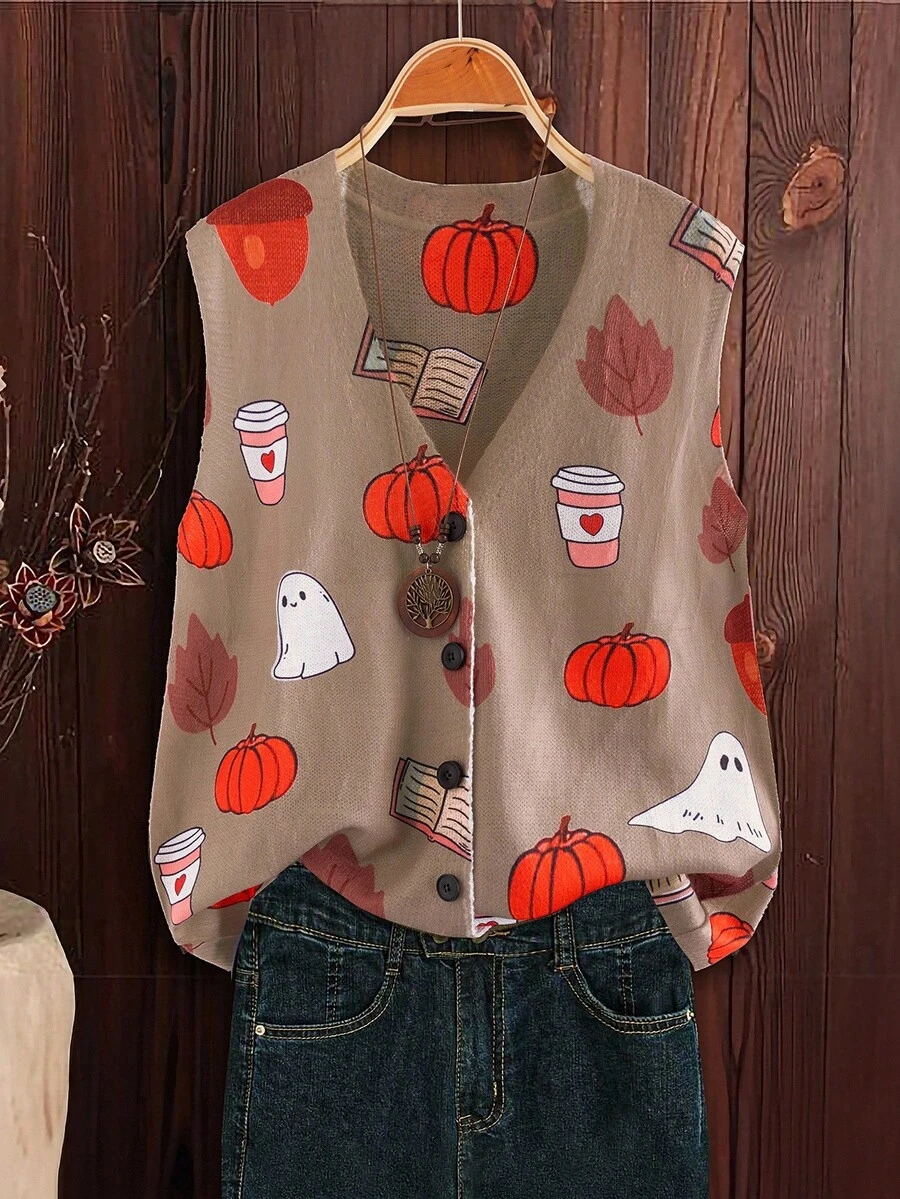 Linhara 1pc Women Plus Size Pumpkin & Ghost Pattern Knit Cardigan Sweater Vest, Suitable For Halloween - Multicolor - View 1