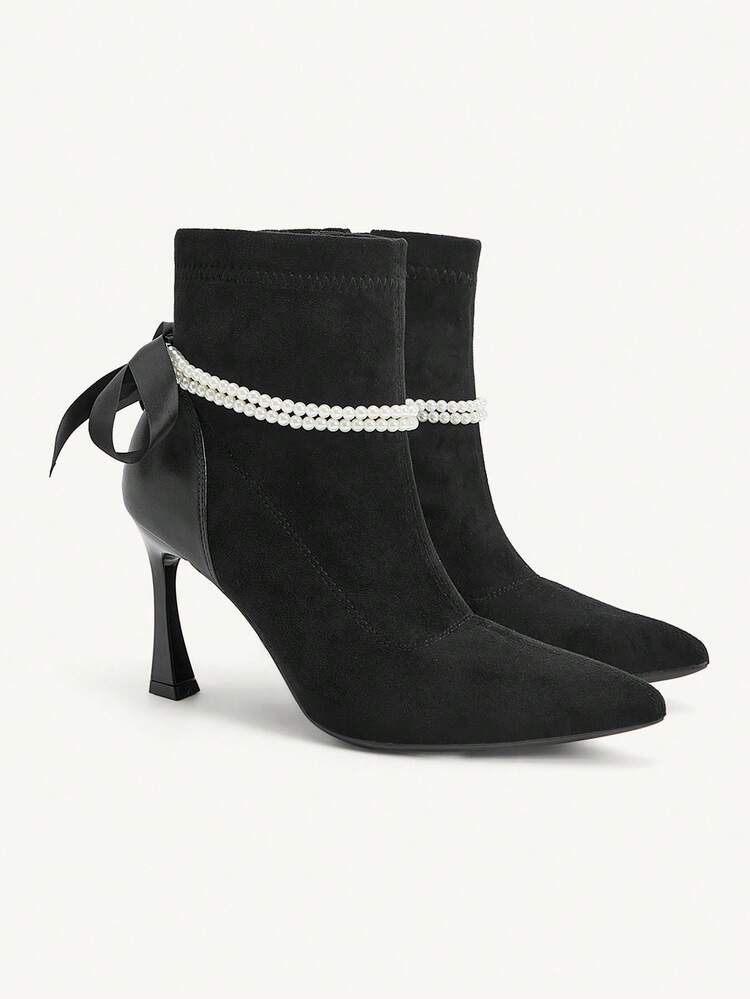 CUCCOO CHICEST French Faux Pearl Chain Pointed Toe Stiletto Heel Women Ankle Boots For Christmas