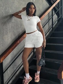 INAWLY 2pcs/Set Casual Solid Color Short Sleeve Top And Drawstring Shorts - White - View 4