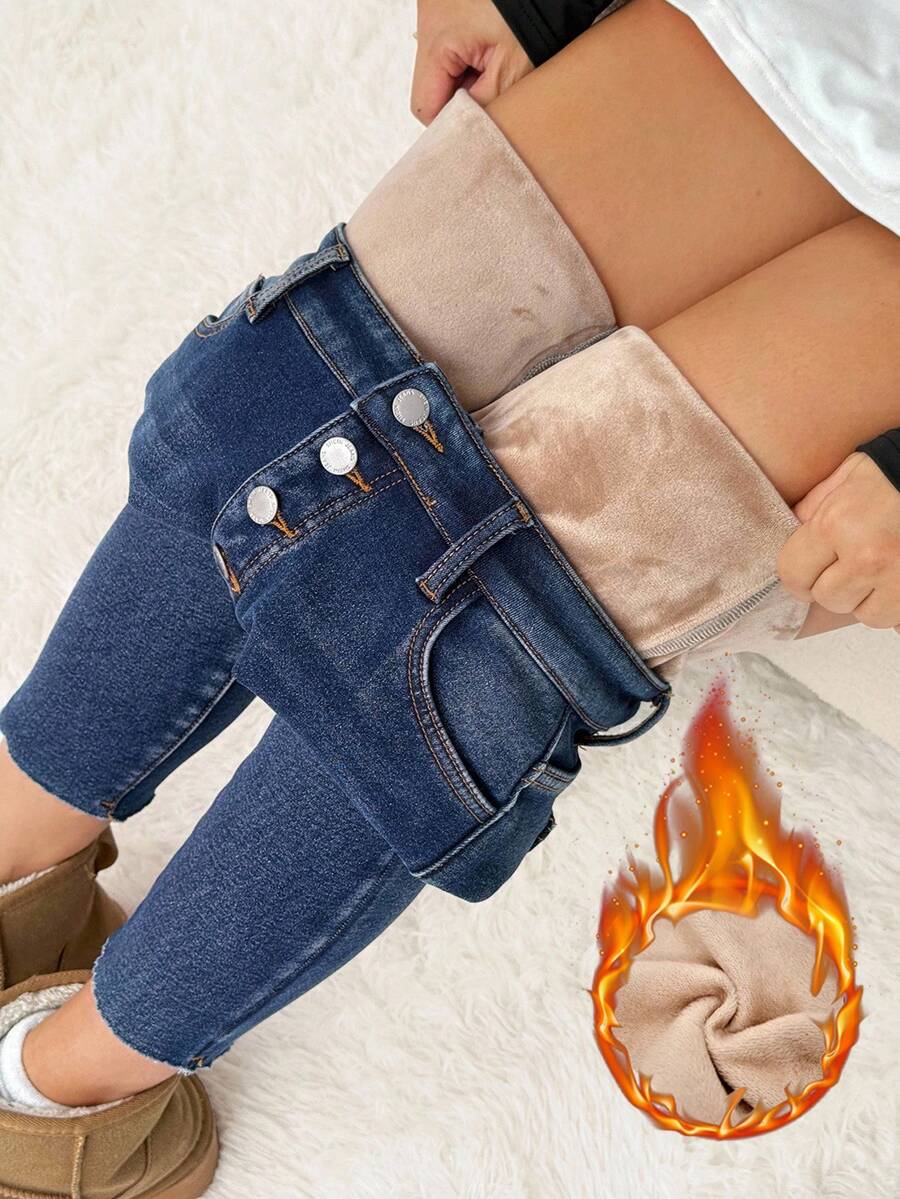 SHEIN PETITE 女士休闲修身保暖牛仔裤，秋冬季，温暖卡其色保暖内衬时尚做旧深色水洗修身蓝色牛仔裤 - 深色水洗藍 - 查看 1