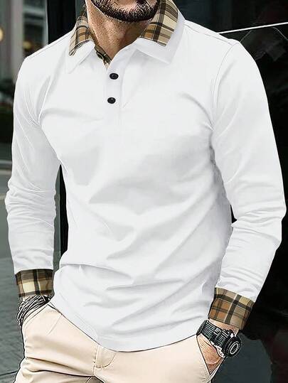 Manfinity Homme Camisa polo de manga larga con botones y estampado a cuadros de moda casual para hombres, camisas blancas y marrones, camisas polo de manga larga para hombres, camisa polo blanca para hombres, camisas con cuello, camisa polo con ribete a cuadros, otoño