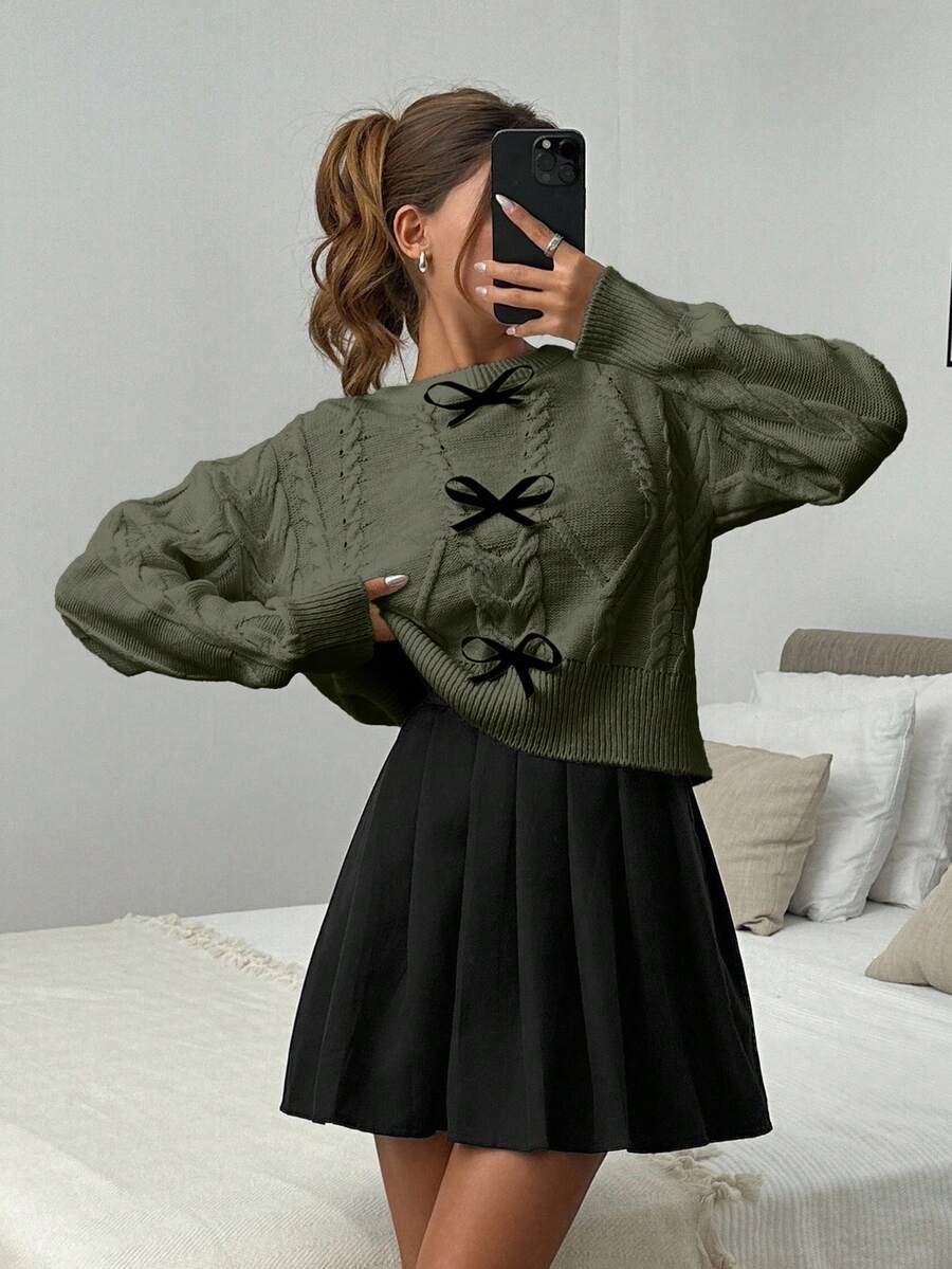 Bow Decor Crew Neck Cable Knit Long Sleeve Pullover Sweater,Jumper,Jumpers For Women,Cream Jumper,Jumpers,Christmas Jumper,White Jumper,Black Jumper,Ladies Jumper,Tall In Women,Women's Jumpers