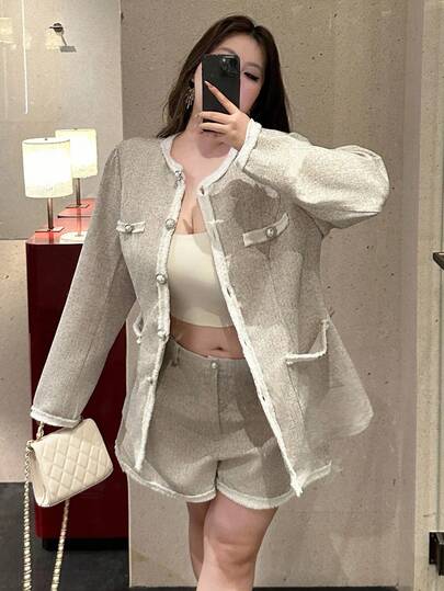 Flirla 2件套加大码女式优雅设计长袖上衣和短裤套装