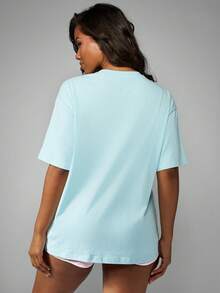 Missguided x Playboy Baumwoll-Oversize-Grafik-T-Shirt, lässiger Sommer-Streetwear-Grundbedarf - Babyblau - Übersicht 2