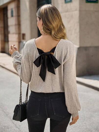 EMERY ROSE Women's Casual Loose Fit Long Sleeve T-Shirt With Back Bow Detail, Suitable For Autumn Graphic Tees Women Tops For Spring