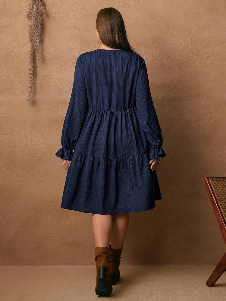 Vestido holgado de mujer talla grande con mangas con volantes de tela texturizada de unicolor simple para uso diario casual, ropa de primavera/otoño, ropa de invierno para mujer, vestido casual para mujer, ropa de invierno talla grande elegante casual
