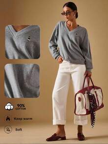 Briarwyn Fall Women's Solid Color Casual Loose Fashion Versatile V-Neck Embroidered Sweatshirt,Fall For Women,Back To School,Fall Women Old Money Style Women Casual - Dark Grey - View 5