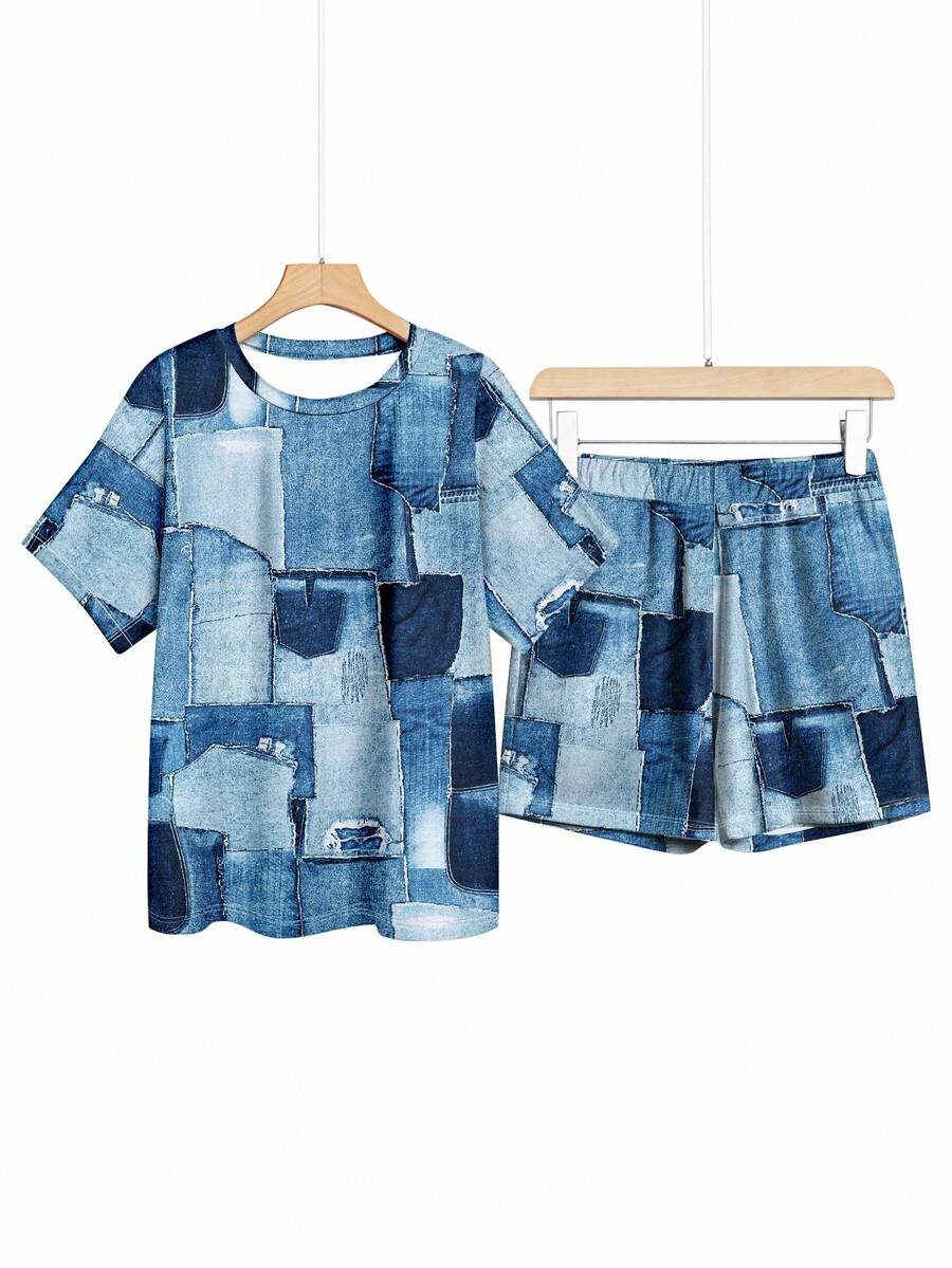 Zolique 女款夏季圓領短袖上衣和短褲套裝，隨性休閒 - 藍色 - 查看 1