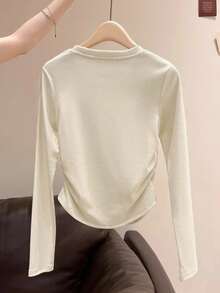 SHEIN Modisches minimalistisches Damen Langarm T-Shirt mit Schleifen-Stickerei, Geschenk für Freunde