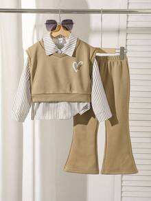 Elladie kids 3件套年轻女孩休闲条纹衬衫+心形印花背心+裤子套装，秋冬 - 卡其色 - 查看 3