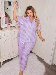 SweetSlumber Conjunto de Pijama com Estampa Fofa de Coelho Listrado Plus Size - Multicolorido - Visão 3