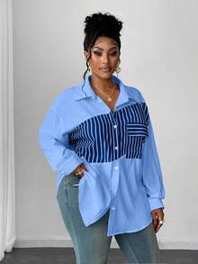 Maweii 大码女式春秋季长袖撞色条纹休闲衬衫，性感百搭，适合工作和日常穿着，蓝色 - 彩色 - 查看 1