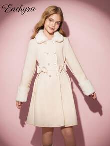 Fall Winter Vintage Tween Girls Casual Elegant Basic Coat With Fur Collar, Bow Decor, A-Line, Autumn/Winter Girls Dress Coat Girls Winter Coat Tween Dress Coat Girls Overcoat Girls Coat