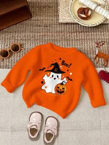 Baby Boy Halloween Pumpkin & Ghost Pattern Drop Shoulder Sweater