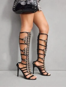 CUCCOO SZL 新款时尚欧美风性感铆钉镂空尖头超高跟靴 - 黑色 - 查看 2