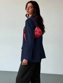 Aloruh Minimalist Commuting Gray Textured Oversized Long Sleeve Loose Blazer For Young Women In Fall/Winter - Navy Blue - View 8