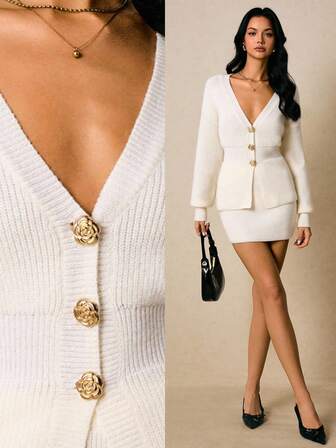 Poéselle Damset med enfärgad V-ringning, nedhasad axel, långärmad, enkelknäppt, avslappnad stickad kofta och minikjol, 2 delar