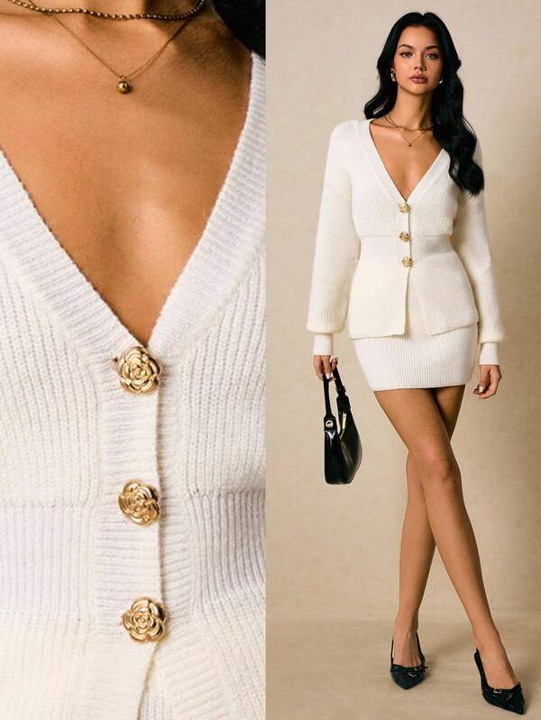 Poéselle Women's Sweater Two-Piece Set With Metal Button Decoration, Long-Sleeved Waist Cardigan And Sweater Skirt, White Sweater Set, Skirt Set, Elegant And Warm Women's Solid Color V-Neck Drop Shoulder Long Sleeve Single-Breasted Casual Knit Cardigan & Mini Skirt 2 Pieces Set Fall Sweaters Fall Clothes For Women Winter Clothes For Women Fall Outfits For Women Winter Outfits For Women Christmas Clothes Business Casual Woman Office Outfits For Women,