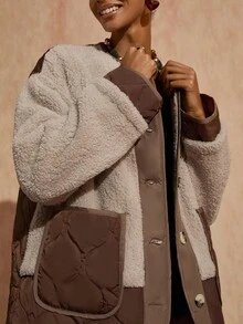 Bóhologie Beige And Brown Panel Teddy Jacket: Relaxed Fit, Perfect For Casual Outings Or Layering On Chilly Days, Made Of Soft Faux Shearling Fabric Combined With Lightly Quilted Panels And Large Patch Pockets For Extra Comfort And Urban Style Sherpa Jacket Button Up Jacket Oversized Jacket Women's Jacket Oversized Cardigan Teddy Cardigan Button Up Cardigan Brown Cardigan Women's Cardigan Brown Jacket Quilted Jacket Jacket For Women Cardigan For Women Curve Cardigan - Multicolor - View 5