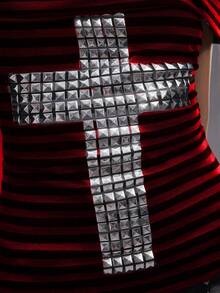 ROMWE EDITION Punk Sexy Y2K Striped Rivet Cross Women's Slim Fit T-Shirt - Multicolor - View 2