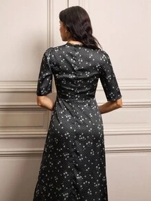 lacRébo Váy midi hoa có ren và nút cài phía trước dành cho nữ mùa thu đông - Nhiều màu - Xem 6