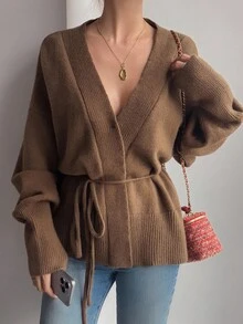 Livesso Áo khoác cardigan dệt kim rộng dáng rộng, buộc chéo vai màu trơn dành cho nữ mùa thu/đông - Cà phê nâu - Xem 5