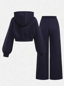 SHEIN Girlism 青少年女孩海軍藍冬季休閒兩件套，拉鍊連帽衫與寬鬆版型長褲，學院風返校穿搭，機場街頭穿搭 - 藏蓝色 - 查看 2