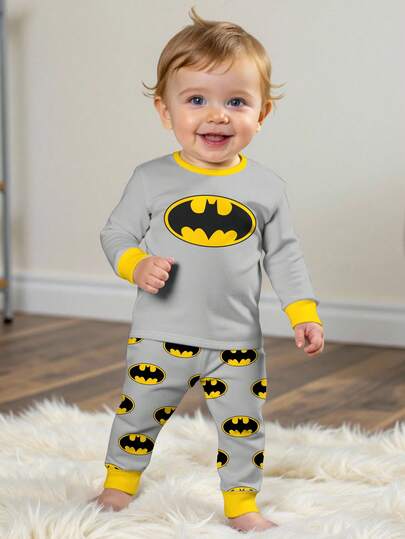 BATMAN X SHEIN Baby Boy Casual Simple Classic Logo Pattern Color Clashing Print Slim Round Neck Comfortable Long Sleeve Top And Long Pants Snug Fit Loungewear Suitable For Fall And Winter, Suitable For DC Fans, Suitable For Home Lounging, Back-To-School Pajamas
