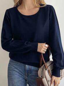 Livesso Women's Solid Color Round Neck Long Sleeve Loose Backless Bowknot Sweater, Autumn - Navy Blue - View 2