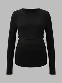 Modmama 休闲纯色圆领长袖高弹力哺乳上衣 - 卡其色 - 查看 4