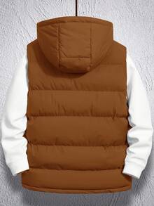 Manfinity Homme 1pc Loose Fit Men's Zipper Hooded Puffer Vest Coat, Fall Winter - Camel - View 2