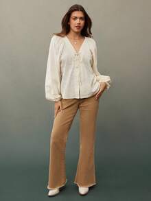 WESTFADE V Neck Lace Up Bow Tie Front Long Lantern Sleeve 100% Cotton Embroidered Top Fall Clothes For Women Cute Country Western Wear Nashville - Beige - View 3