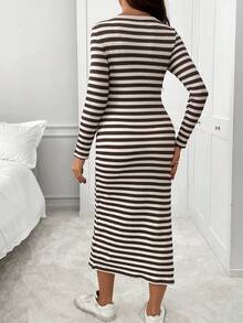 SHEIN 孕妇条纹圆领长袖侧开衩下摆修身休闲连衣裙