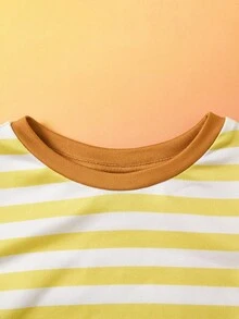 SpongeBob SquarePants | SHEIN 2 件套男婴条纹圆领长袖 T 恤和卡通图案围兜连体衣针织套装 - 黃色 - 查看 4