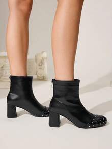 CUCCOO CHICEST Winter New Black Pointed Toe Rivet Side Zipper Chunky Heel Suede Ankle Boots & Ankle Boots For Women - Black - View 6