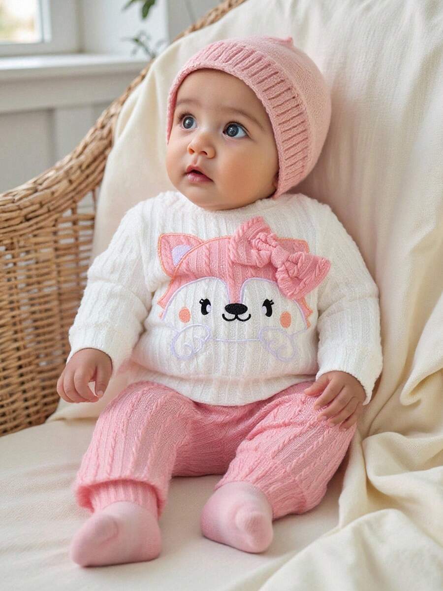 SHEIN Áo dài tay thêu màu trắng cho bé gái sơ sinh mùa thu kết hợp với quần hồng 2 món giản dị, đơn giản, thời trang và đa năng - Nhiều màu - Xem 1